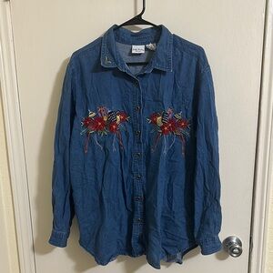 EUC Christmas Festive Embroidered Poinsettia Candle Denim Button Down Shirt